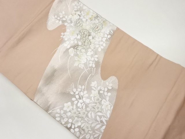 銀彩曲線に草花模様刺繍名古屋帯